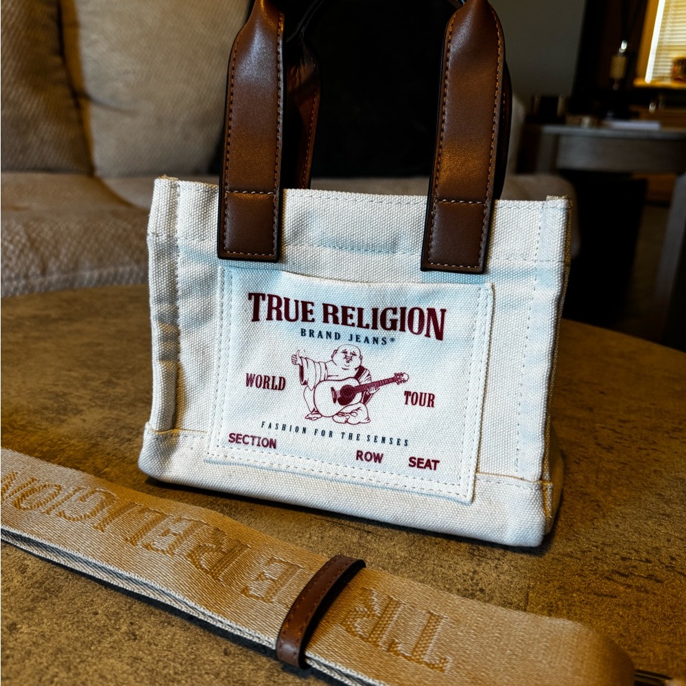 True Religion Cream Canvas Tote with Brown Leather Handles